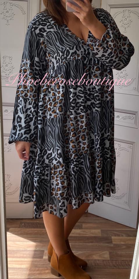 Animal Print V Neck Long Sleeve Tiered Dress - Grey - Image 3