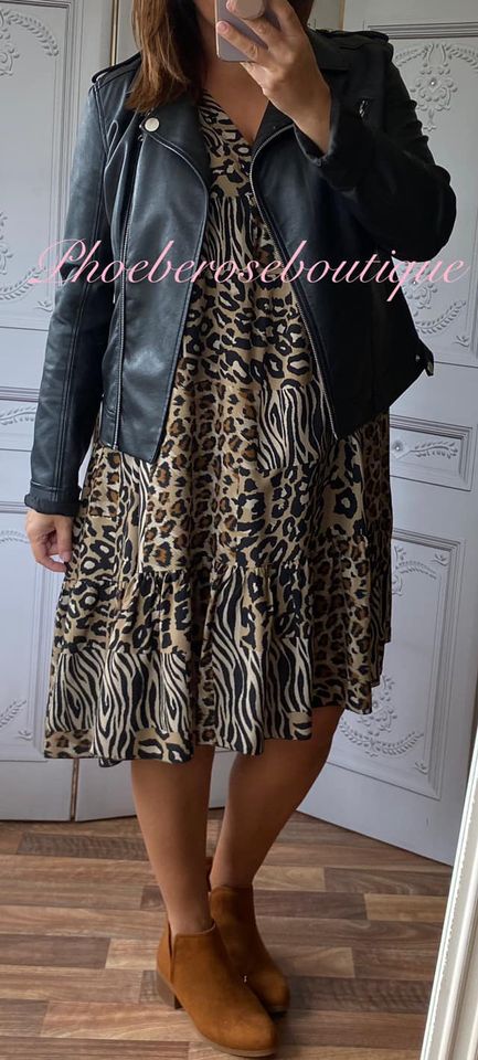 Animal Print V Neck Long Sleeve Tiered Dress - Classic