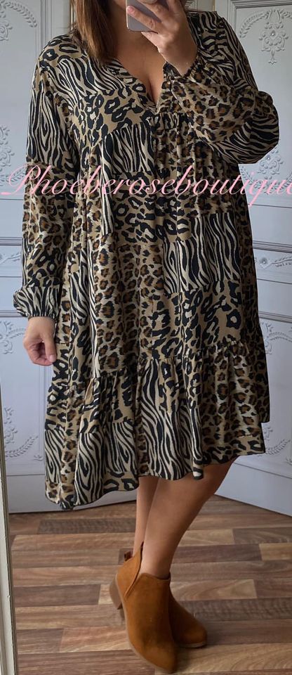 Animal Print V Neck Long Sleeve Tiered Dress - Classic - Image 3