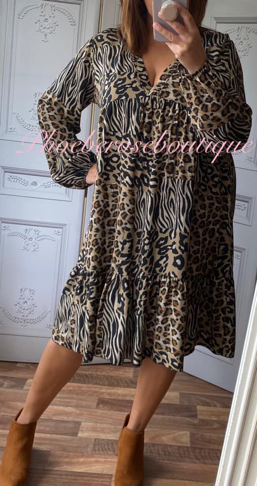 Animal Print V Neck Long Sleeve Tiered Dress - Classic - Image 4