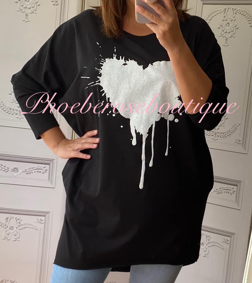 Heart Splash Stretch Jersey Long Sleeve Pocket Tunic Top - Black