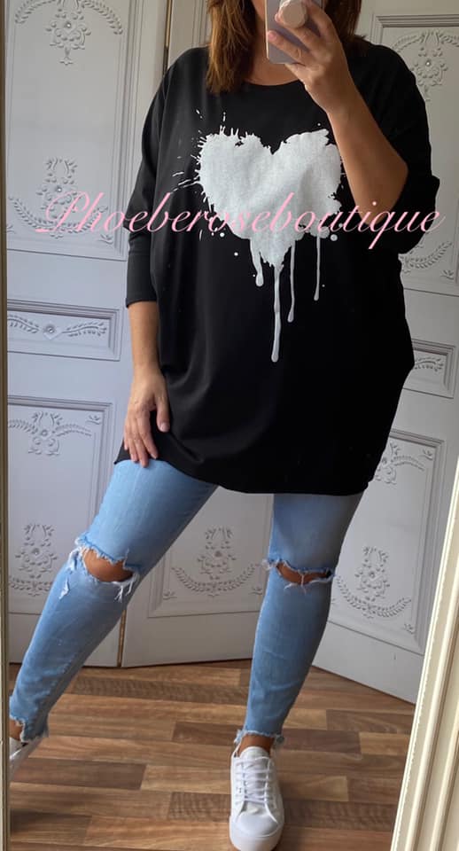 Heart Splash Stretch Jersey Long Sleeve Pocket Tunic Top - Black