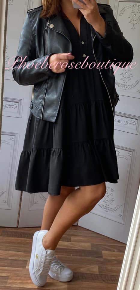 Cotton Twill Tiered Puff Sleeve Smock Dress - Black - Image 3