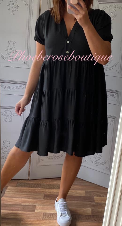 Cotton Twill Tiered Puff Sleeve Smock Dress - Black