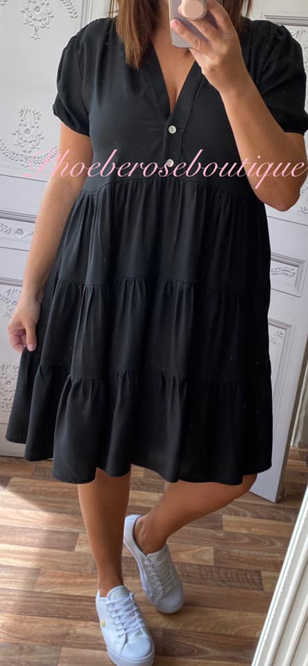 Cotton Twill Tiered Puff Sleeve Smock Dress - Black - Image 4