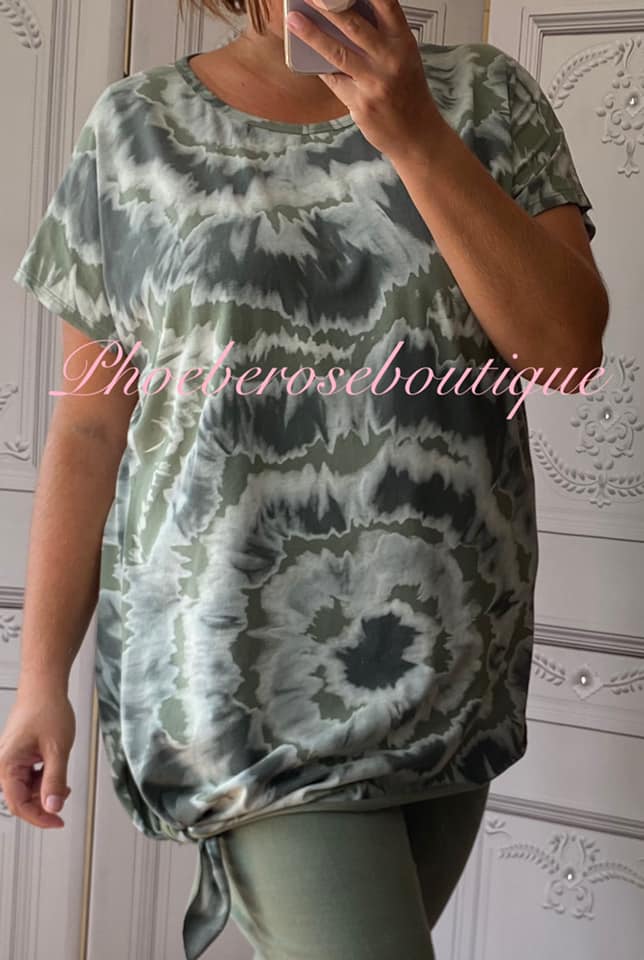 Tie Dye Asymmetric Tie Side Slouch Top - Khaki