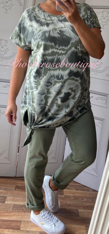 Tie Dye Asymmetric Tie Side Slouch Top - Khaki