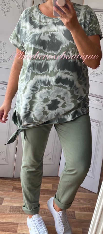 Tie Dye Asymmetric Tie Side Slouch Top - Khaki - Image 3