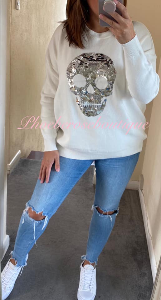 Supersoft Knit Sequin Skull Jumper - Off White