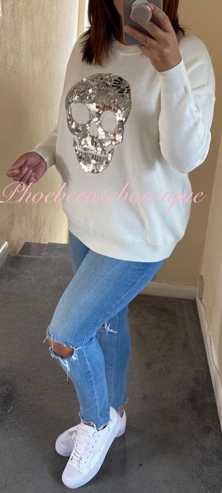 Supersoft Knit Sequin Skull Jumper - Off White - Image 3