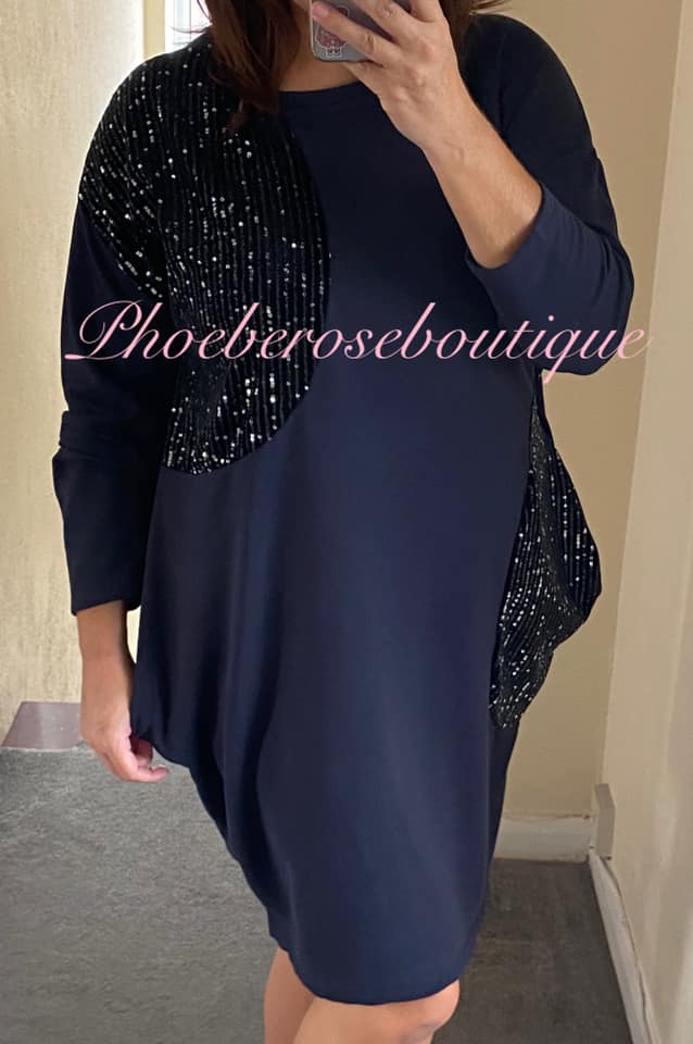 Sequin Detail Sweat Pocket Dress/Tunic - Navy