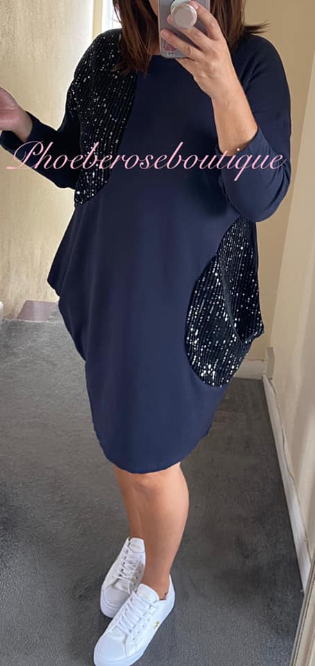 Sequin Detail Sweat Pocket Dress/Tunic - Navy - Image 3