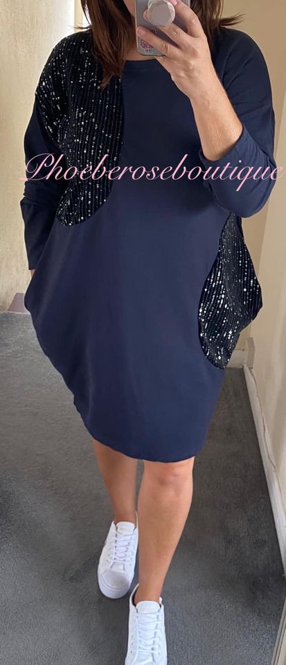 Sequin Detail Sweat Pocket Dress/Tunic - Navy