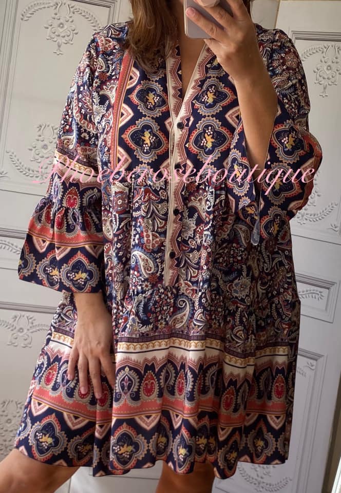 Paisley Button Front Drop Waist Boho Smock Dress - Navy