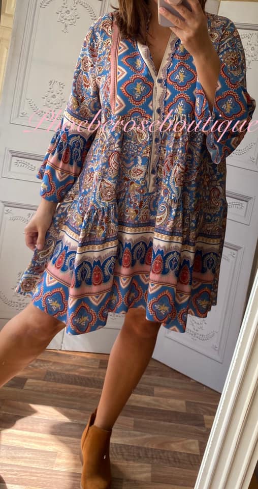 Paisley Button Front Drop Waist Boho Smock Dress - Colbalt Blue - Image 3