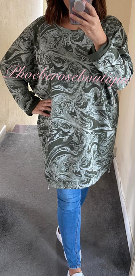 Lux Glitter Swirl Zip Hem Sweat Top - Khaki