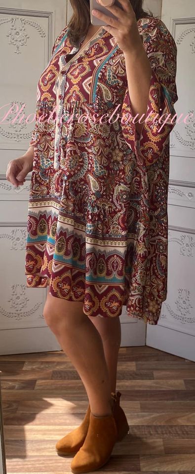 Paisley Button Front Drop Waist Boho Smock Dress - Wine - Image 3
