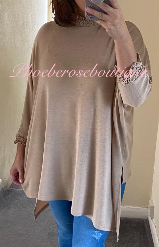 Shirred High Neck and Cuff Fine-knit Jersey Asymmetric Top - Nude