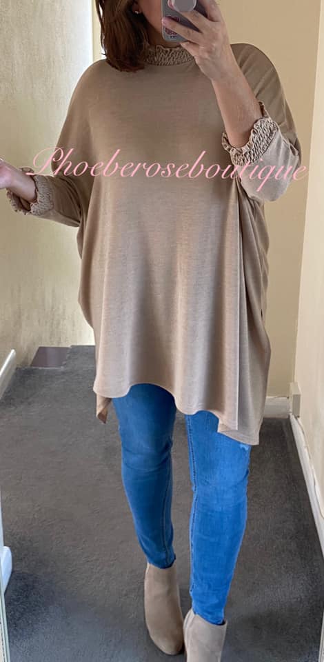 Shirred High Neck and Cuff Fine-knit Jersey Asymmetric Top - Nude