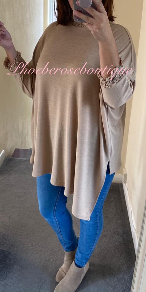 Shirred High Neck and Cuff Fine-knit Jersey Asymmetric Top - Nude