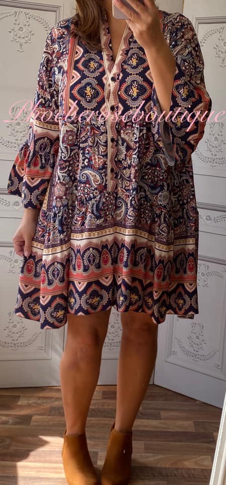 Paisley Button Front Drop Waist Boho Smock Dress - Navy - Image 3