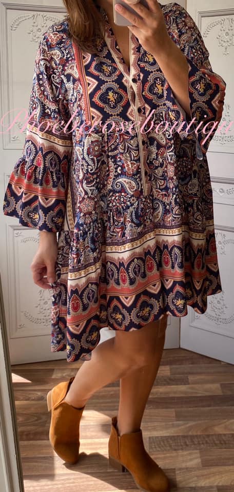 Paisley Button Front Drop Waist Boho Smock Dress - Navy