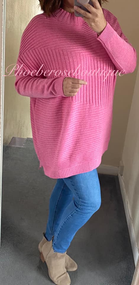 Multi Rib High Neck Super Soft Knit Jumper - Hot Pink