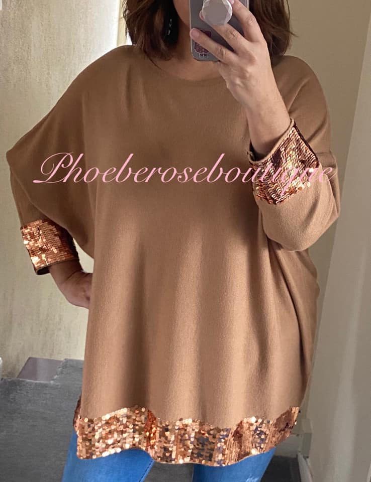 Lux Sequin Trim Super Soft Knit Jumper - Camel