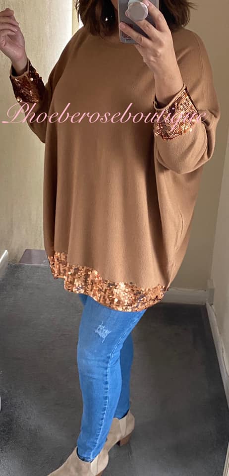 Lux Sequin Trim Super Soft Knit Jumper - Camel - Image 3