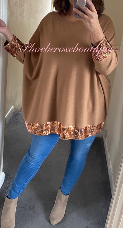 Lux Sequin Trim Super Soft Knit Jumper - Camel