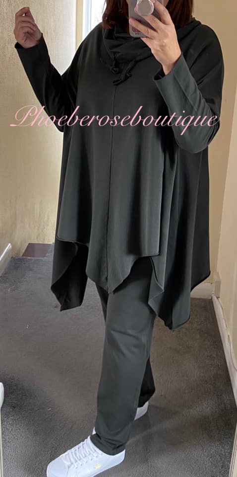 Cowl Neck Asymmetric Hem Loungesuit - Dark Grey - Image 4