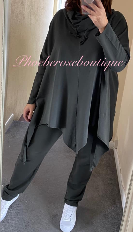 Cowl Neck Asymmetric Hem Loungesuit - Dark Grey - Image 3