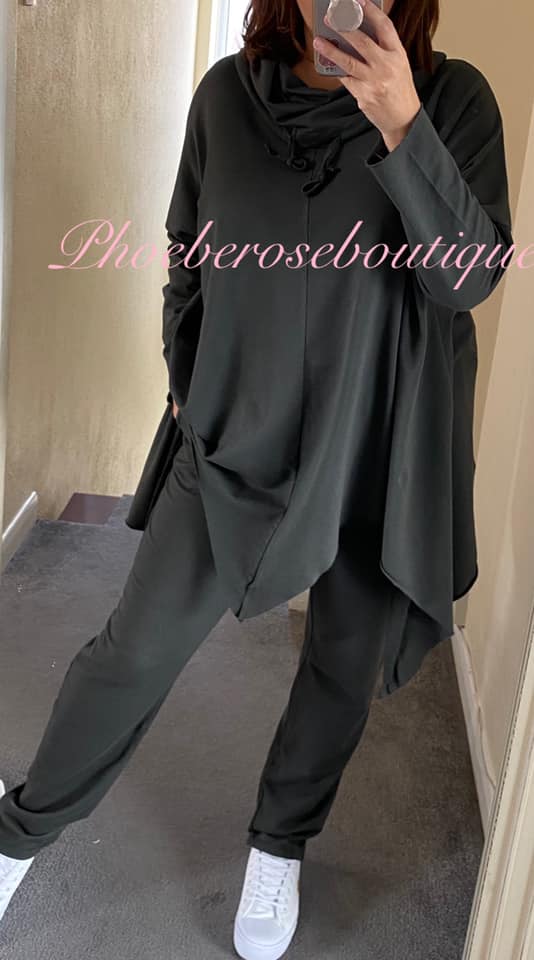 Cowl Neck Asymmetric Hem Loungesuit - Dark Grey