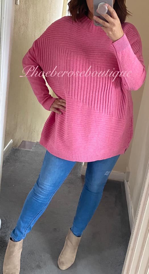 Multi Rib High Neck Super Soft Knit Jumper - Hot Pink