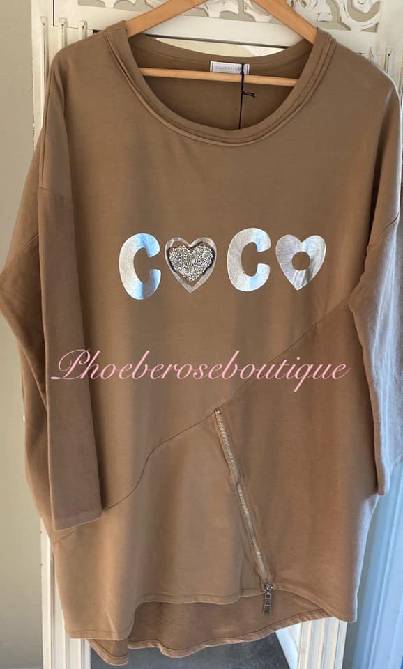Coco Crystal Heart Logo Zip Hem Sweatshirt- Camel