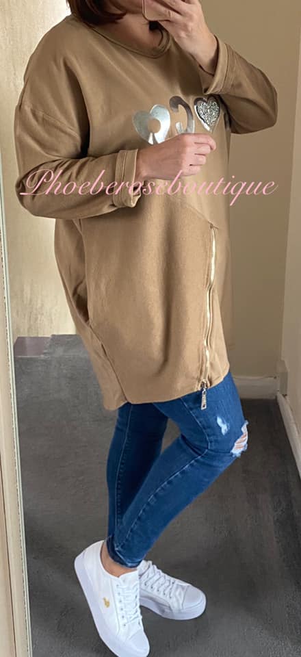 Coco Crystal Heart Logo Zip Hem Sweatshirt- Camel - Image 3