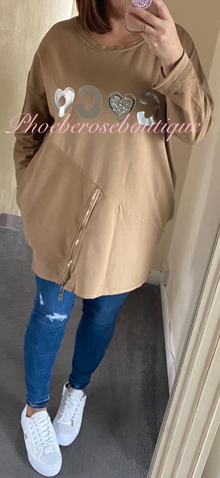 Coco Crystal Heart Logo Zip Hem Sweatshirt- Camel