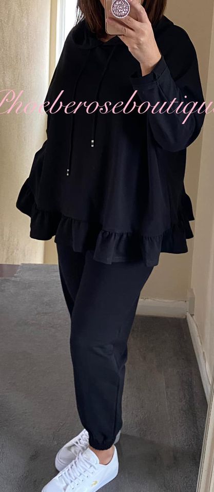 Frill Hem Hooded Lounge Suit - Black - Image 3
