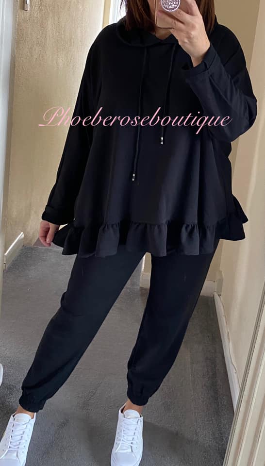 Frill Hem Hooded Lounge Suit - Black