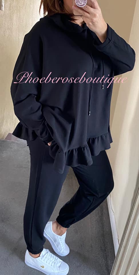 Frill Hem Hooded Lounge Suit - Black