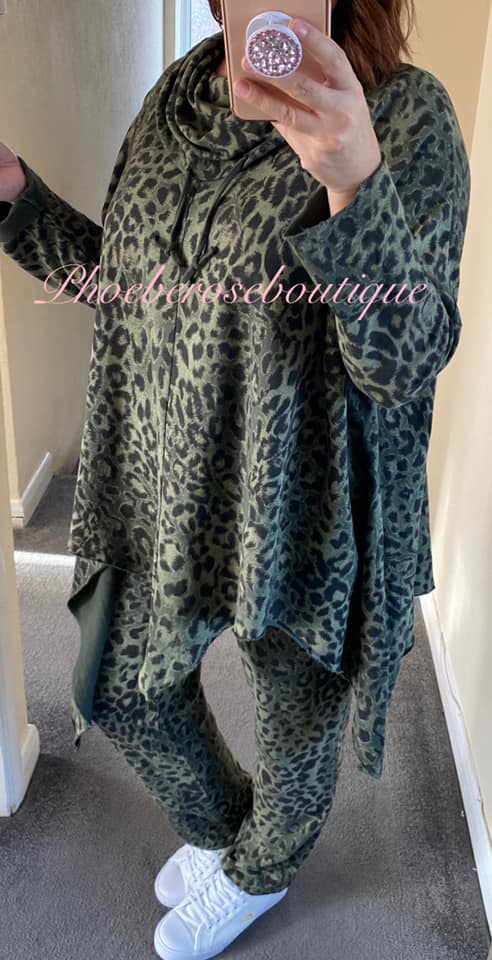 Lepo Print Cowl Neck Asymmetric Hem Loungesuit - Khaki