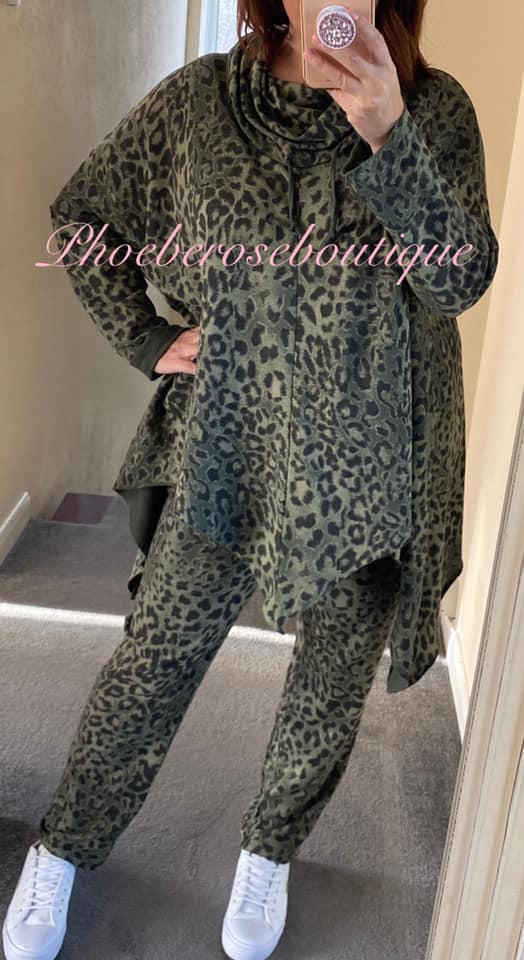 Lepo Print Cowl Neck Asymmetric Hem Loungesuit - Khaki - Image 3