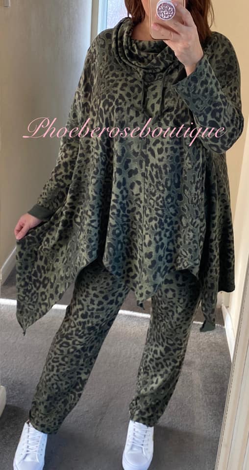 Lepo Print Cowl Neck Asymmetric Hem Loungesuit - Khaki
