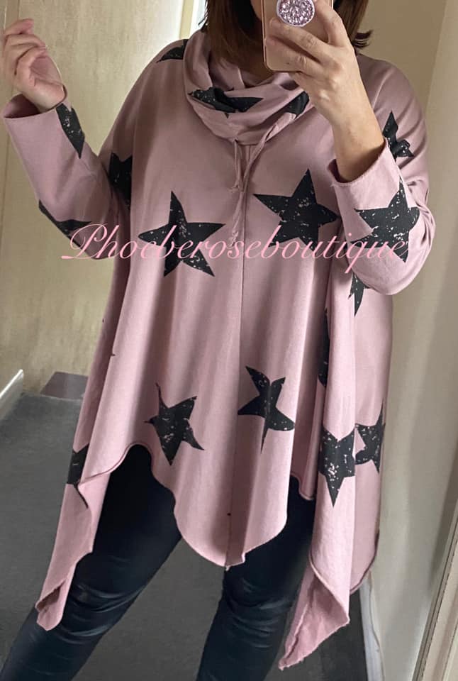 Star Print Cowl Neck Asymmetric Sweat Top - Dusky Pink