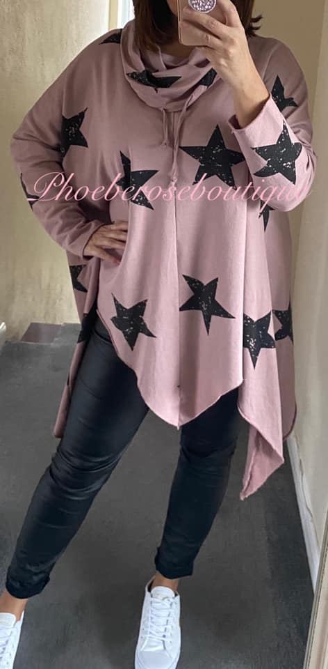 Star Print Cowl Neck Asymmetric Sweat Top - Dusky Pink