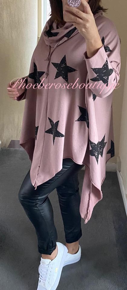 Star Print Cowl Neck Asymmetric Sweat Top - Dusky Pink - Image 3