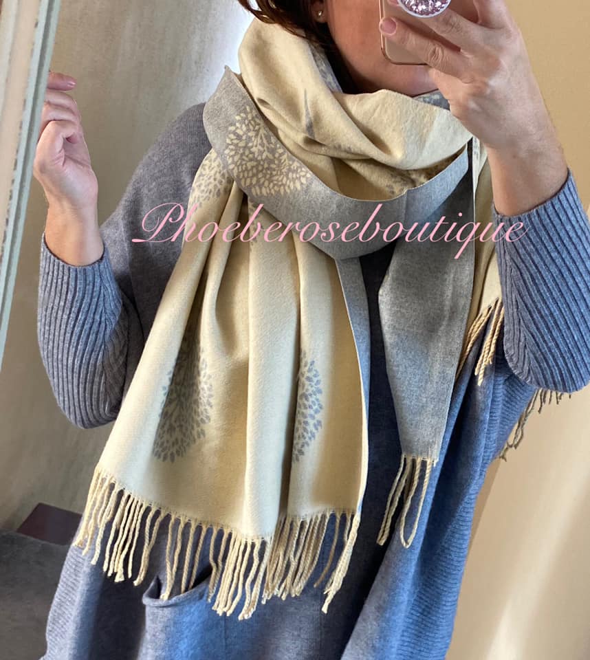 Ultra Soft Extra Large Tree Print Fringed Scarf - Cream/Grey