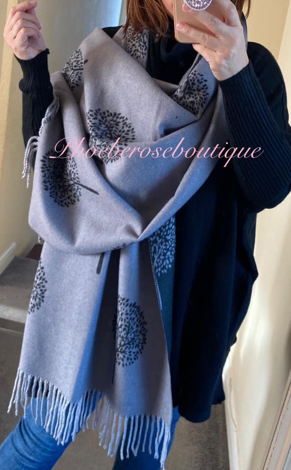 Ultra Soft Extra Large Tree Print Fringed Scarf - Grey/Black