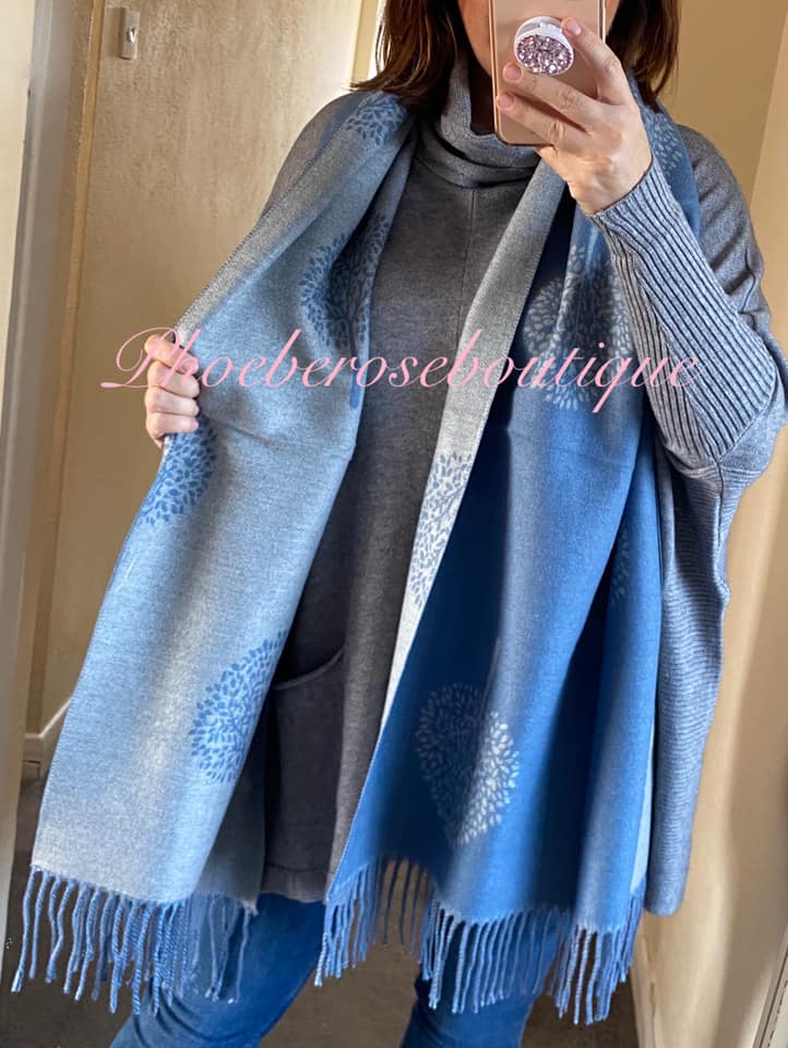 Ultra Soft Extra Large Tree Print Fringed Scarf - Soft Blue/Grey - Image 2