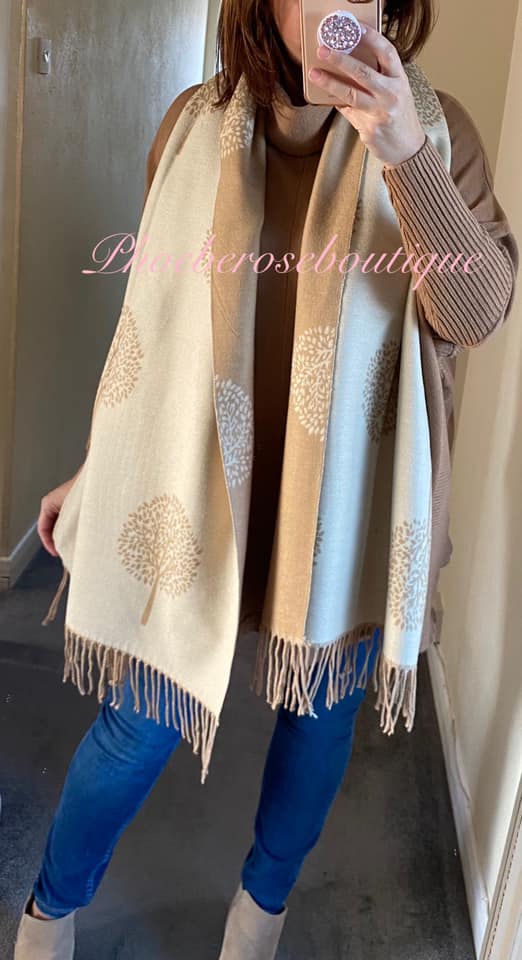 Ultra Soft Extra Large Tree Print Fringed Scarf - Camel/Beige